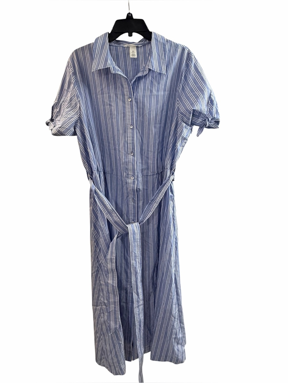 H&M XL Blue Striped Button-Front Shirt Dress with Tie Waist